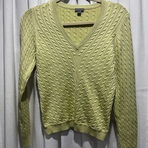 Ann Taylor V-Neck Silk and Cotton Sweater in Lime Green Size Small Cable Knit